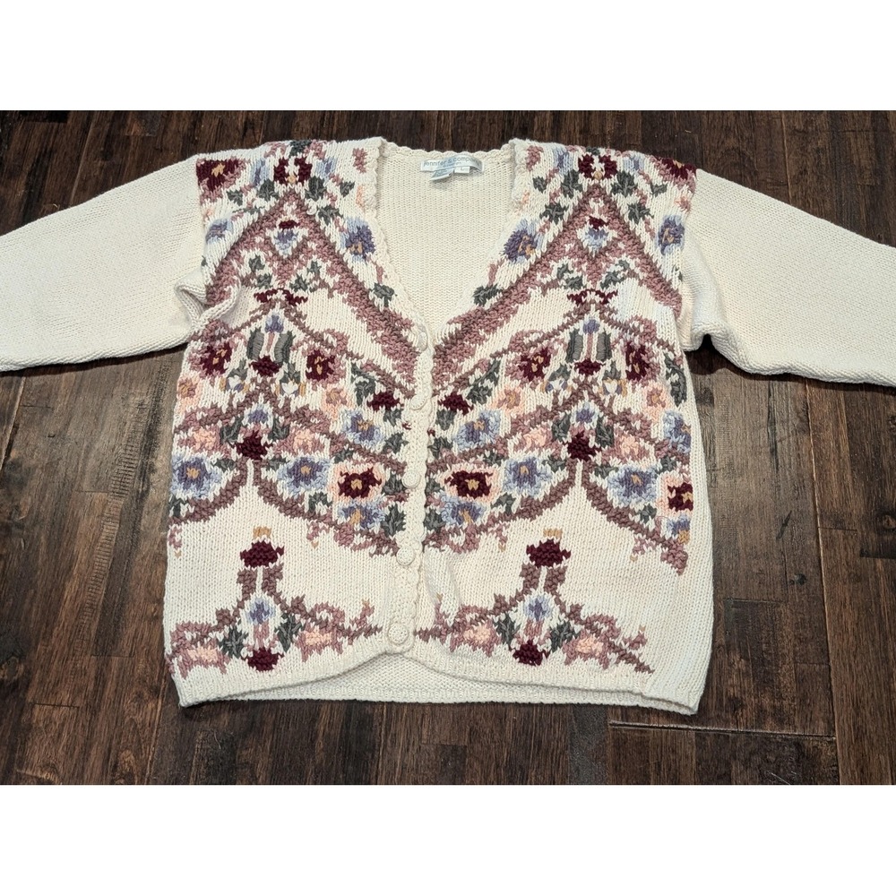 Vintage Jennifer & Company Sweater Womens Large Cream Floral Cardigan Ramie‎ 90s